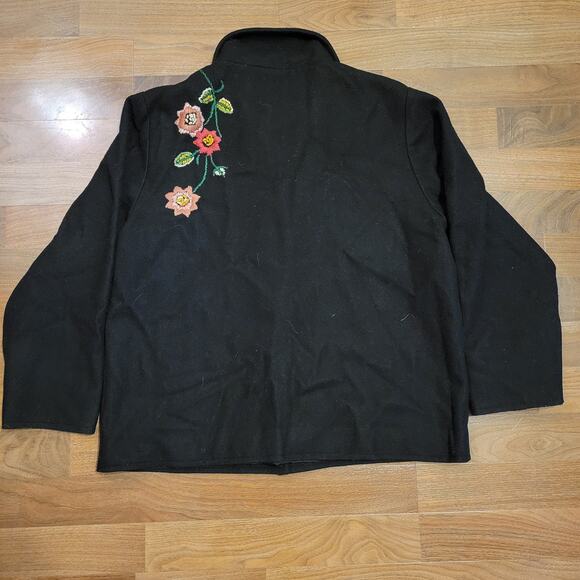 Vintage Fresh Groove Embroidered Floral 100% Wool Jacket Black Womens Petite XL - Picture 2 of 8